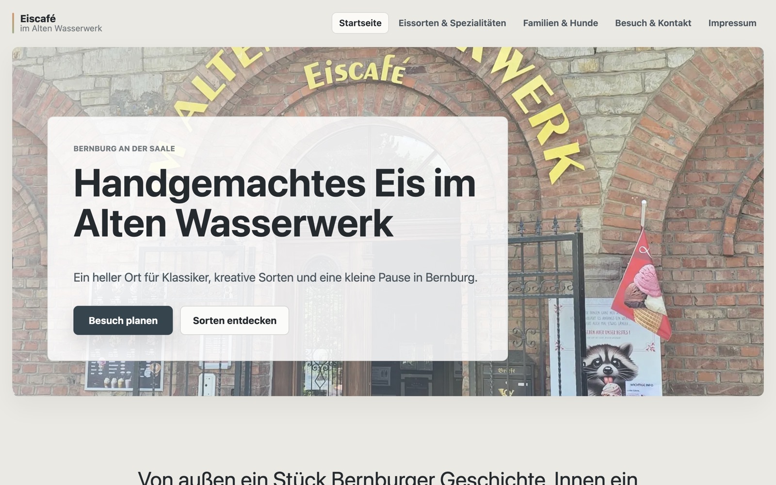 Desktop-Ansicht der Website des Eiscafés im Alten Wasserwerk