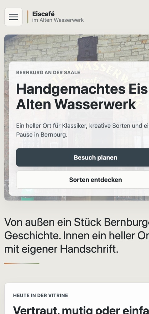 Mobile Ansicht der Website des Eiscafés im Alten Wasserwerk